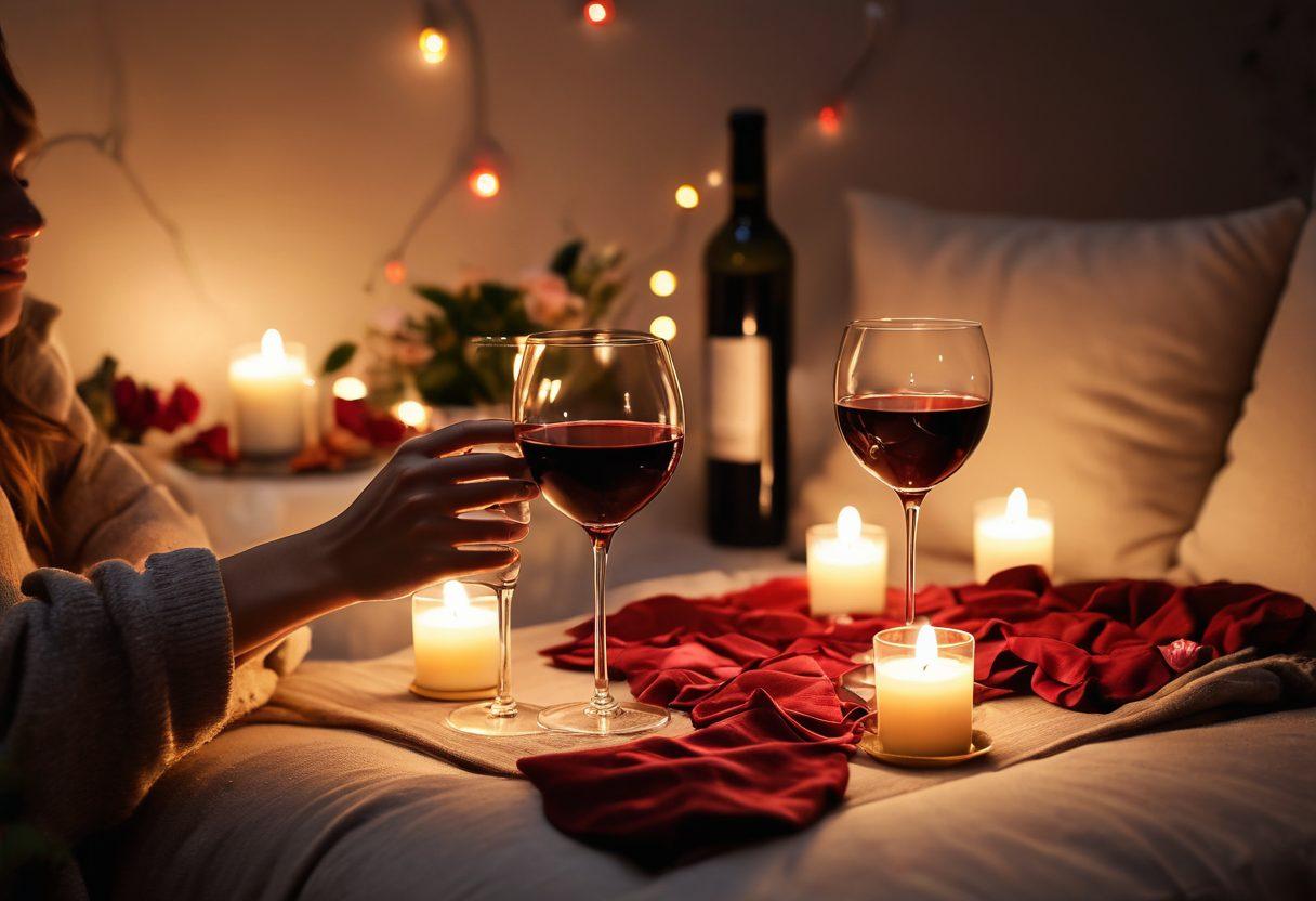 A cozy, dimly lit setting with a beautifully arranged intimate gathering, featuring soft candles, plush cushions, and rich fabrics. Incorporate elements of passion like wine glasses, scattered rose petals, and a soft glow from string lights. Illustrate a diverse group of friends laughing and enjoying each other's company, exuding warmth and connection. The atmosphere should be inviting and alluring, emphasizing pleasure and closeness. super-realistic. vibrant colors. warm tones.